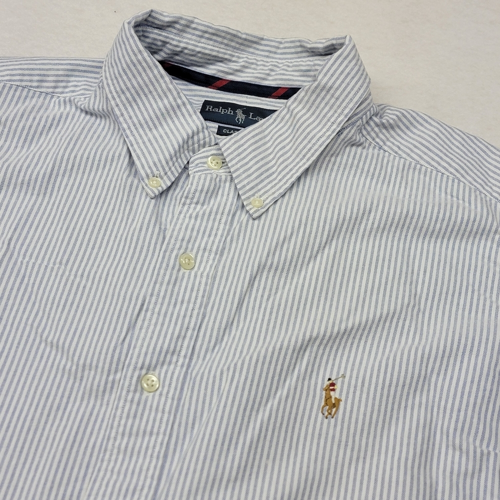 Ralph Lauren Men's 2XL Blue White Stripe Classic Fit Long Sleeve Cotton Button